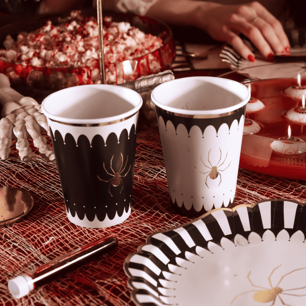 Beige & Black Spider Paper Cups x 6 - Halloween Party Tableware Disposable Cups Beige & Black Spider Paper Cups x 6