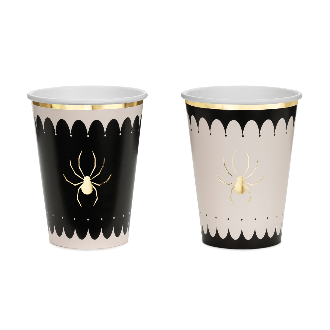 Beige & Black Spider Paper Cups x 6 - Halloween Party Tableware Disposable Cups Beige & Black Spider Paper Cups x 6