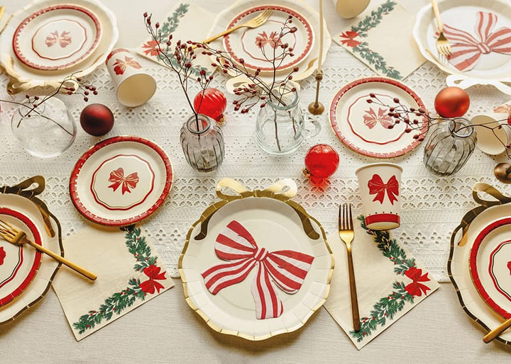 Beige &amp; Gold Bow Christmas Party Plates x 6 - Christmas Plates Disposable Plates Beige &amp; Gold Bow Christmas Party Plates x 6