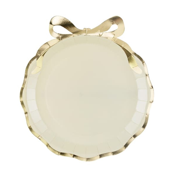 Beige & Gold Bow Christmas Party Plates x 6 - Christmas Plates Disposable Plates Beige & Gold Bow Christmas Party Plates x 6