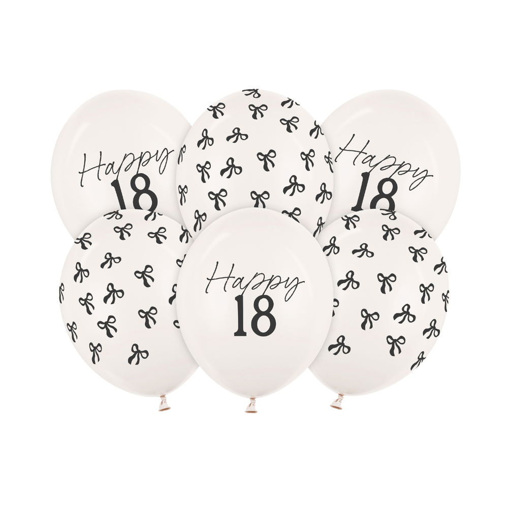 Black Bow Happy 18 Latex Balloons x 6 - 18th Birthday Party Balloons Black Bow Happy 18 Latex Balloons x 6