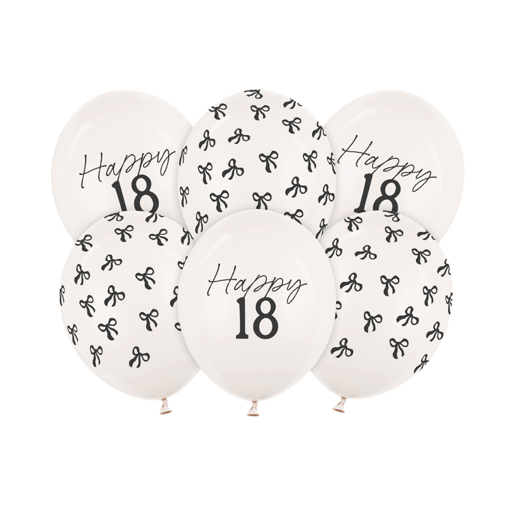 Black Bow Happy 18 Latex Balloons x 6 - 18th Birthday Party Balloons Black Bow Happy 18 Latex Balloons x 6