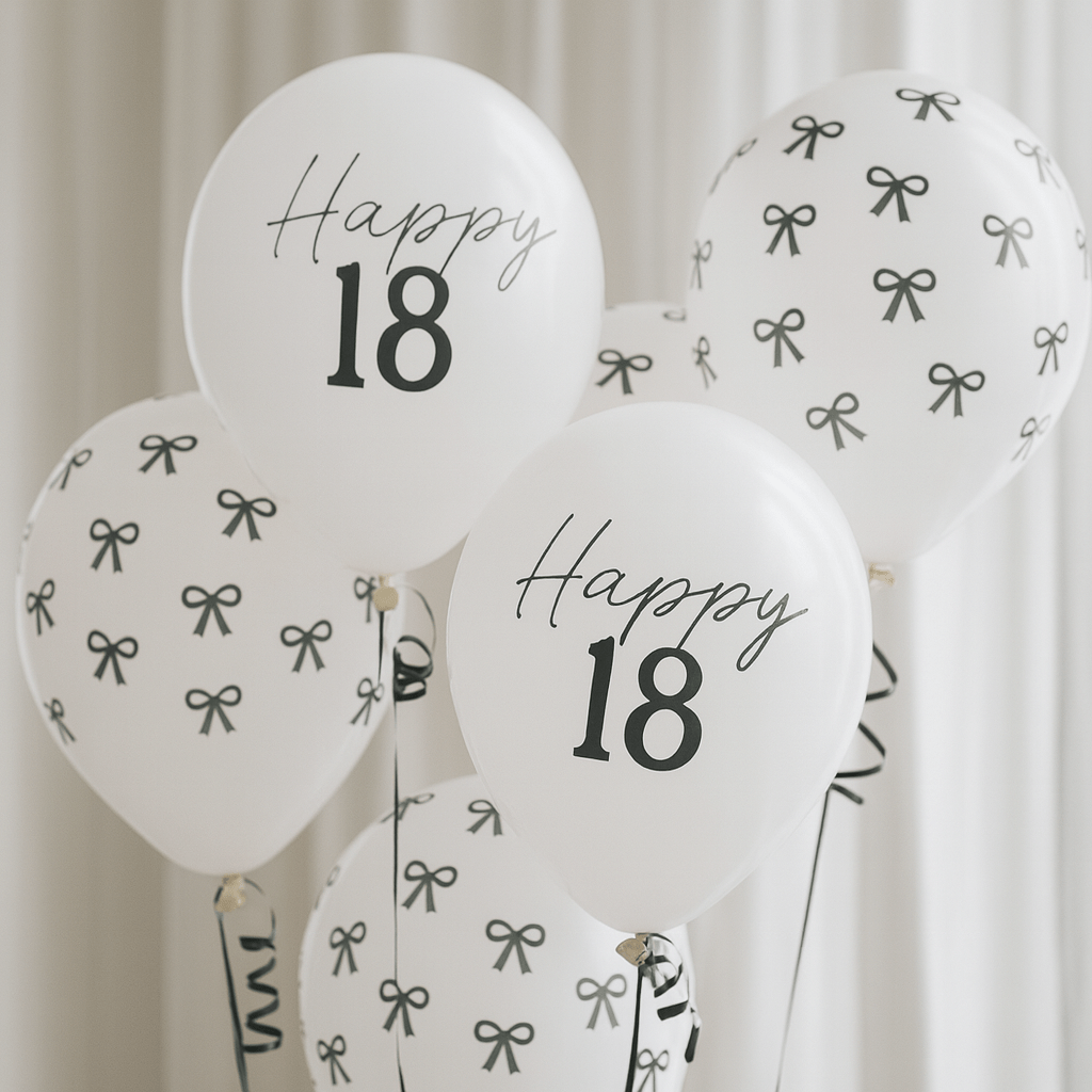 Black Bow Happy 18 Latex Balloons x 6 - 18th Birthday Party Balloons Black Bow Happy 18 Latex Balloons x 6