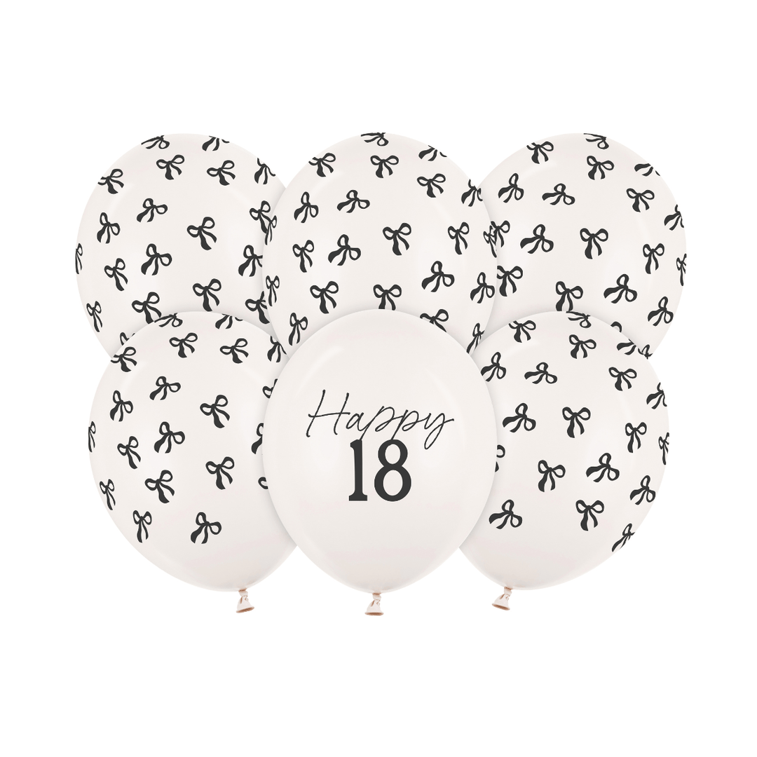 Black Bow Happy 18 Latex Balloons x 6 - 18th Birthday Party Balloons Black Bow Happy 18 Latex Balloons x 6