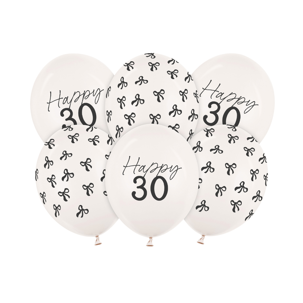 Black Bow Happy 30 Latex Balloons x 6 - 30th Birthday Party Balloons Black Bow Happy 30 Latex Balloons x 6
