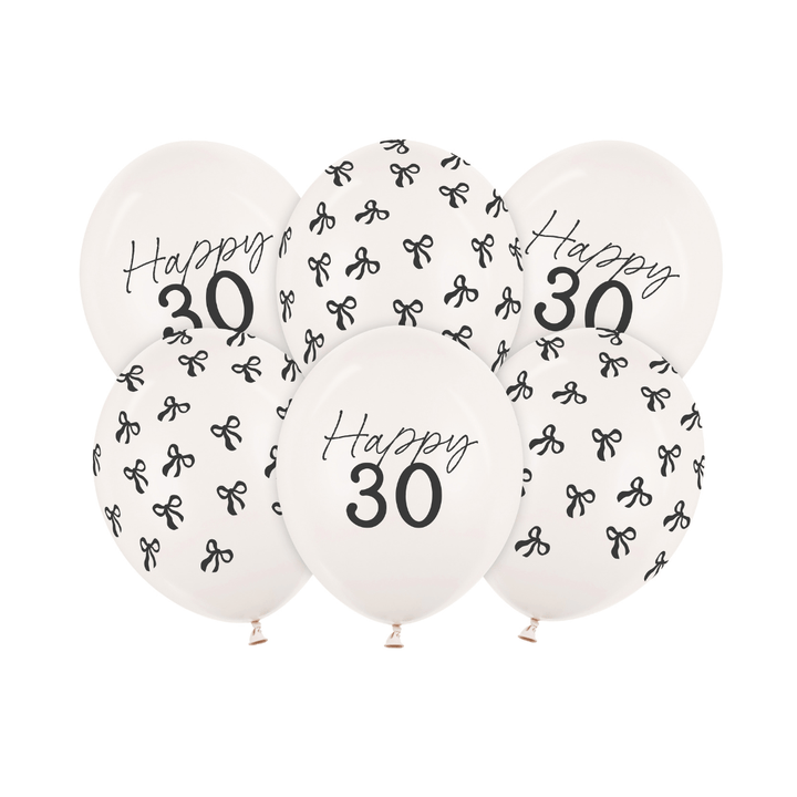 Black Bow Happy 30 Latex Balloons x 6 - 30th Birthday Party Balloons Black Bow Happy 30 Latex Balloons x 6