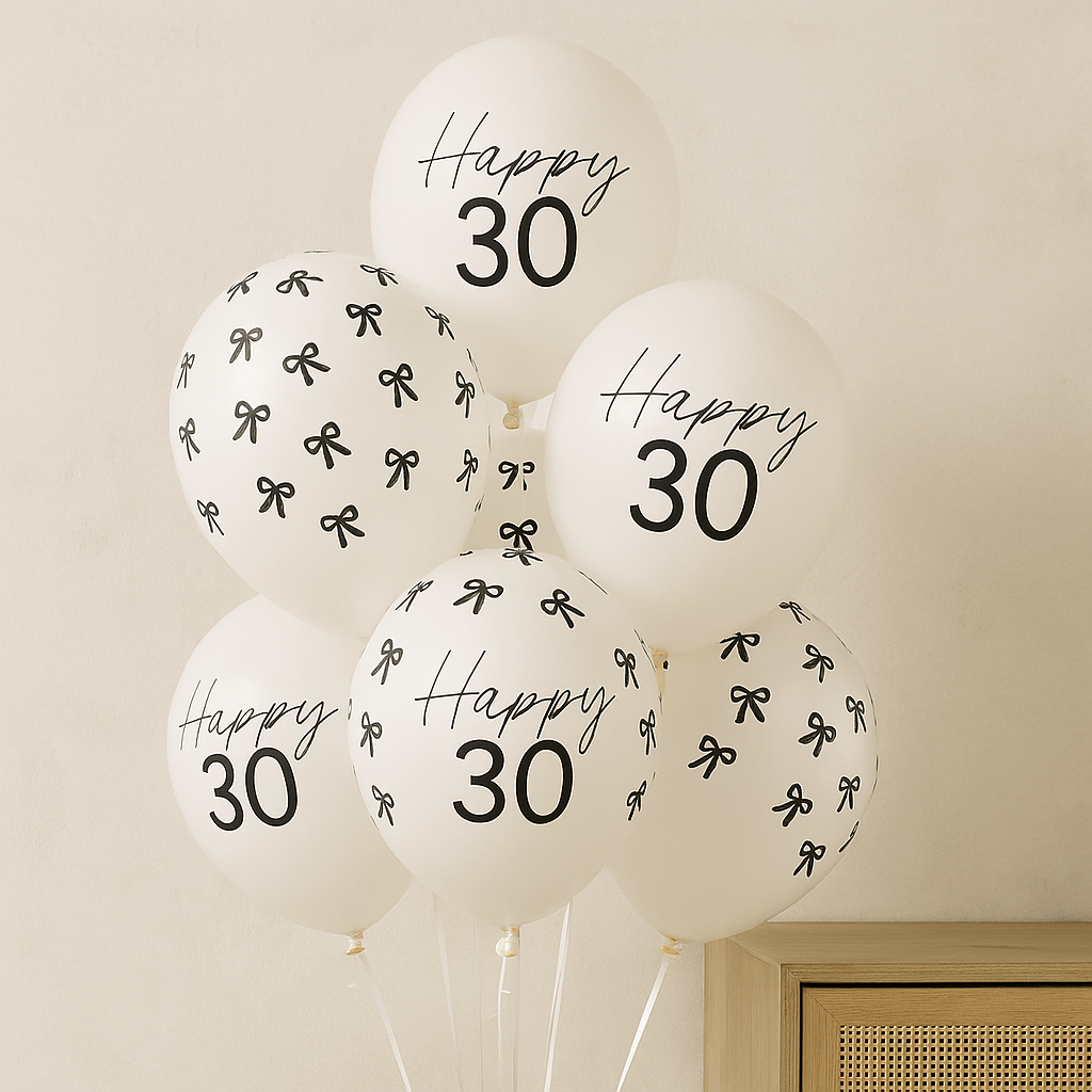 Black Bow Happy 30 Latex Balloons x 6 - 30th Birthday Party Balloons Black Bow Happy 30 Latex Balloons x 6