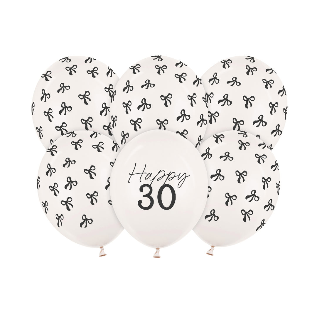 Black Bow Happy 30 Latex Balloons x 6 - 30th Birthday Party Balloons Black Bow Happy 30 Latex Balloons x 6