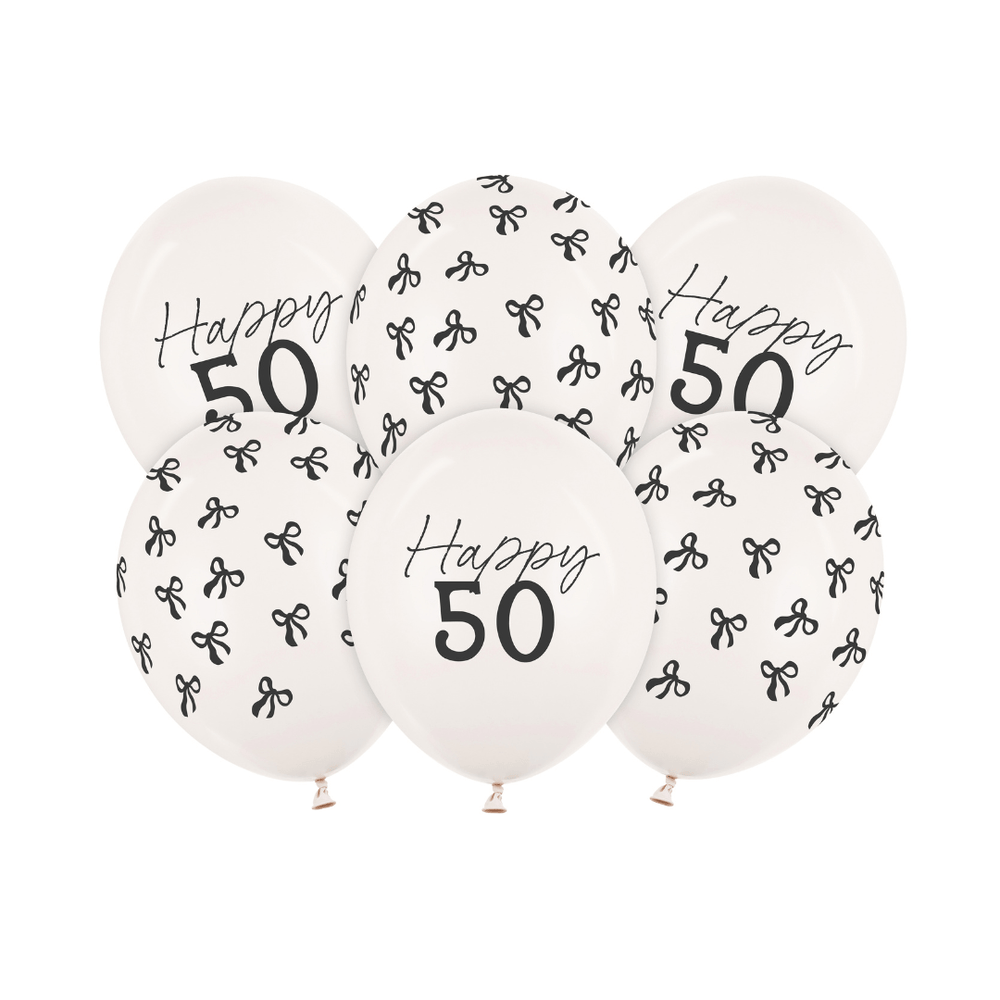 Black Bow Happy 50 Latex Balloons x 6 - 50th Birthday Party Balloons Black Bow Happy 50 Latex Balloons x 6