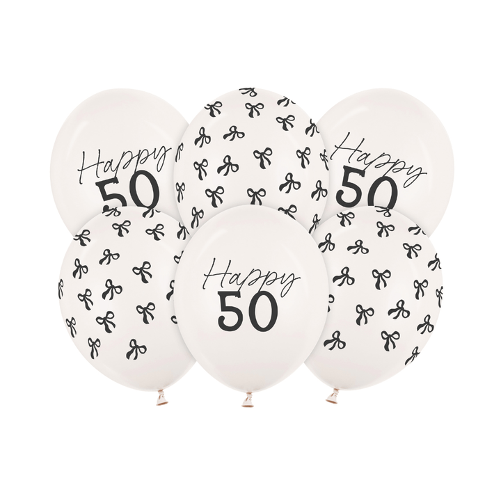 Black Bow Happy 50 Latex Balloons x 6 - 50th Birthday Party Balloons Black Bow Happy 50 Latex Balloons x 6