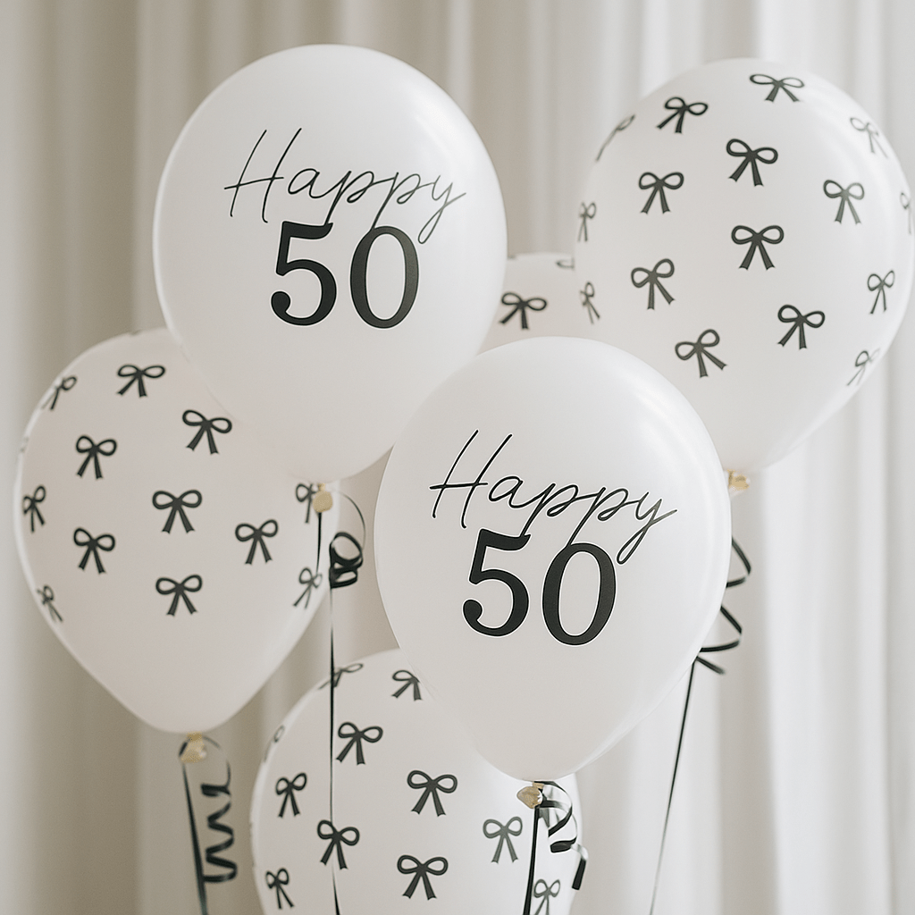 Black Bow Happy 50 Latex Balloons x 6 - 50th Birthday Party Balloons Black Bow Happy 50 Latex Balloons x 6