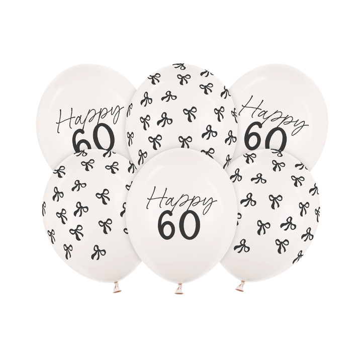 Black Bow Happy 60 Latex Balloons x 6 - 60th Birthday Party Balloons Black Bow Happy 60 Latex Balloons x 6