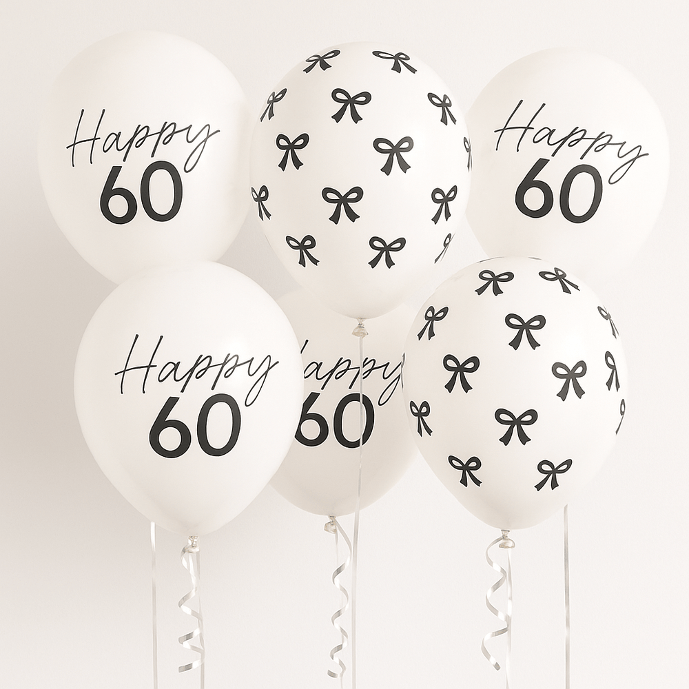 Black Bow Happy 60 Latex Balloons x 6 - 60th Birthday Party Balloons Black Bow Happy 60 Latex Balloons x 6
