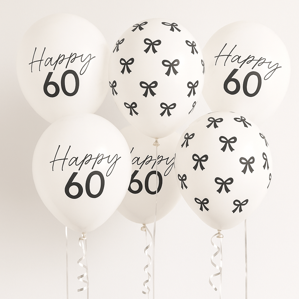 Black Bow Happy 60 Latex Balloons x 6 - 60th Birthday Party Balloons Black Bow Happy 60 Latex Balloons x 6