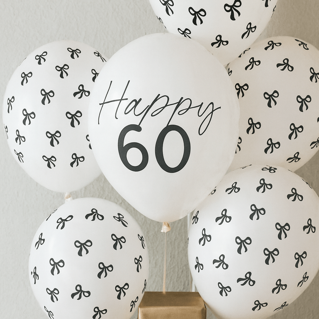 Black Bow Happy 60 Latex Balloons x 6 - 60th Birthday Party Balloons Black Bow Happy 60 Latex Balloons x 6