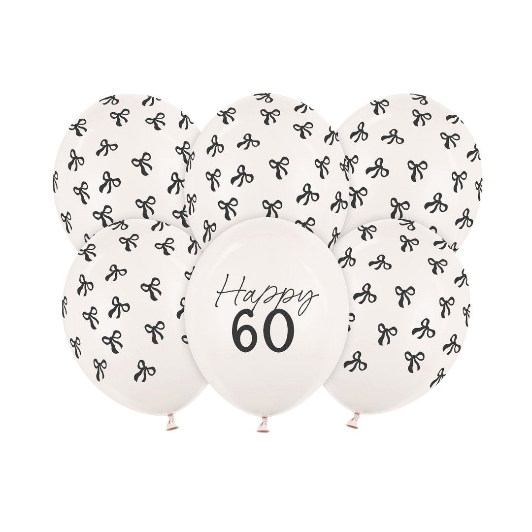 Black Bow Happy 60 Latex Balloons x 6 - 60th Birthday Party Balloons Black Bow Happy 60 Latex Balloons x 6