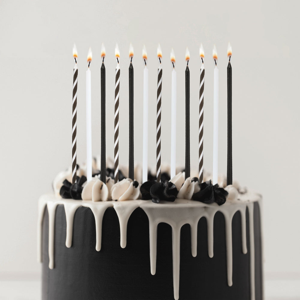 Black & White Monochrome Tall Skinny Candles x 12 - Birthday Cake Candles Birthday Candles Black & White Monochrome Tall Skinny Candles x 12