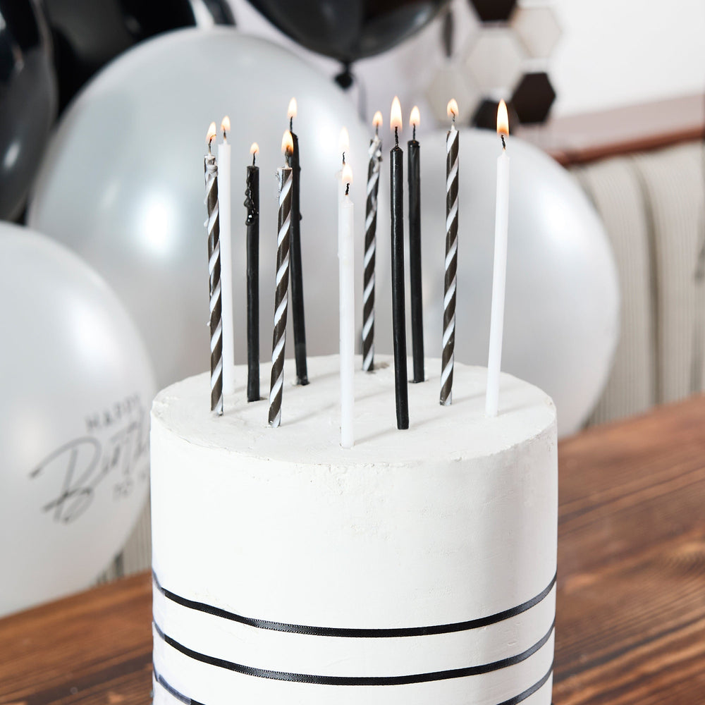 Black & White Monochrome Tall Skinny Candles x 12 - Birthday Cake Candles Birthday Candles Black & White Monochrome Tall Skinny Candles x 12