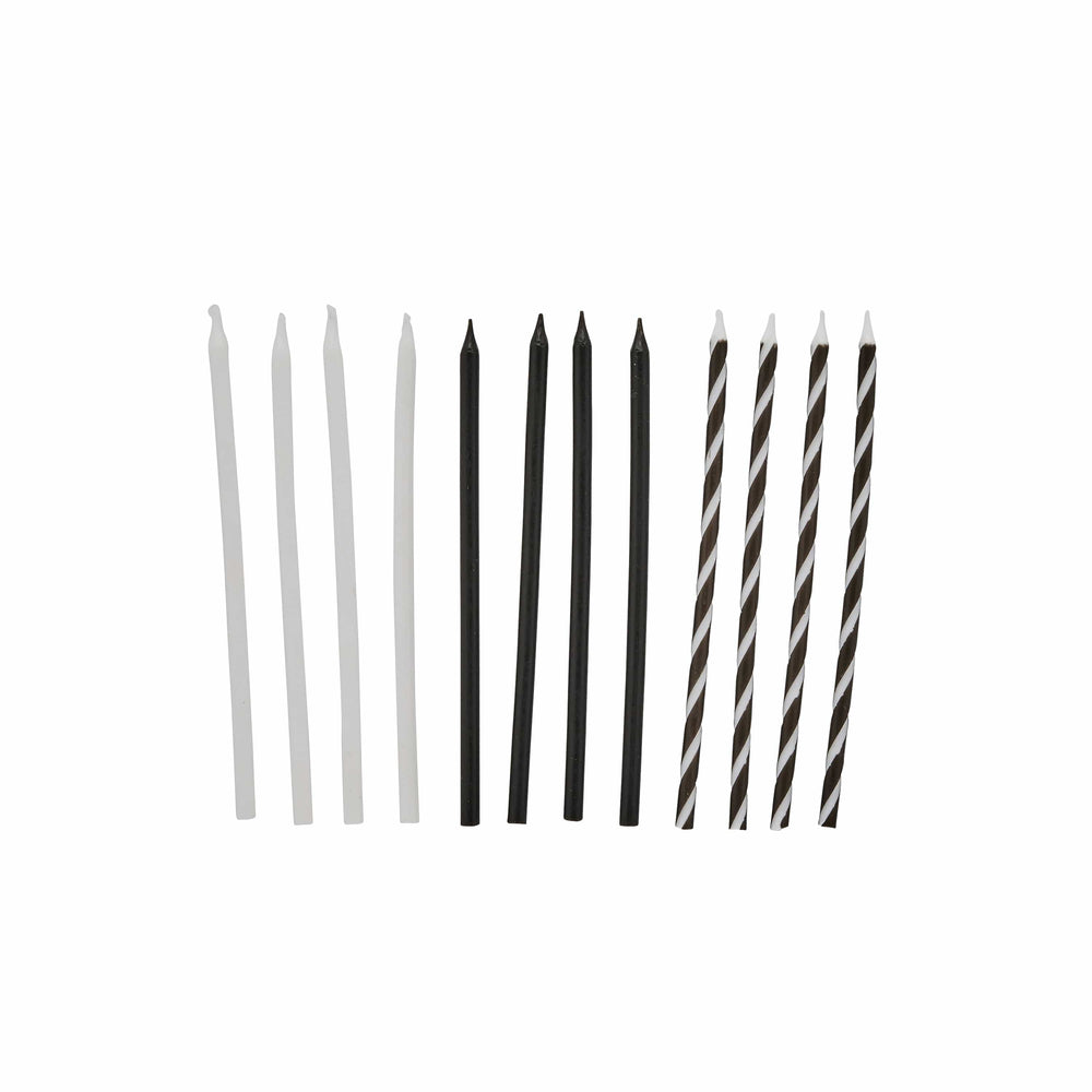 Black & White Monochrome Tall Skinny Candles x 12 - Birthday Cake Candles Birthday Candles Black & White Monochrome Tall Skinny Candles x 12