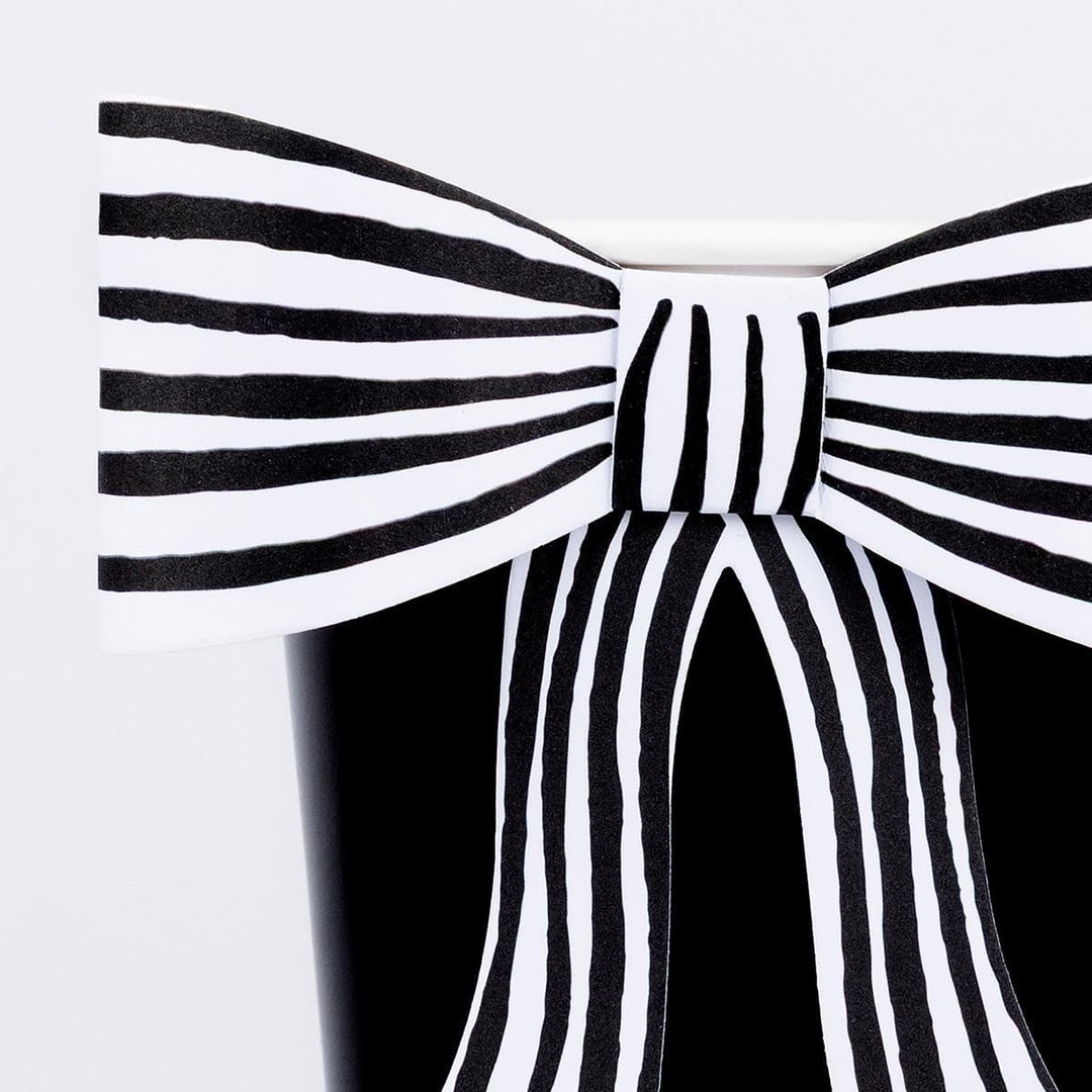 Black &amp; White Stripy Bow Party Cups x 8 | Meri Meri Halloween Table party cups Black &amp; White Stripy Bow Party Cups x 8
