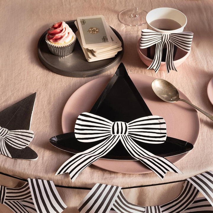 Black &amp; White Stripy Bow Party Cups x 8 | Meri Meri Halloween Table party cups Black &amp; White Stripy Bow Party Cups x 8