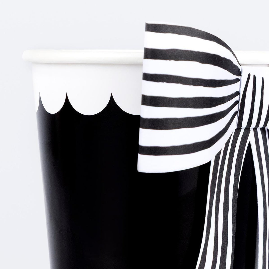 Black &amp; White Stripy Bow Party Cups x 8 | Meri Meri Halloween Table party cups Black &amp; White Stripy Bow Party Cups x 8