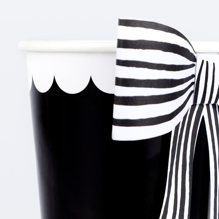 Black &amp; White Stripy Bow Party Cups x 8 | Meri Meri Halloween Table party cups Black &amp; White Stripy Bow Party Cups x 8