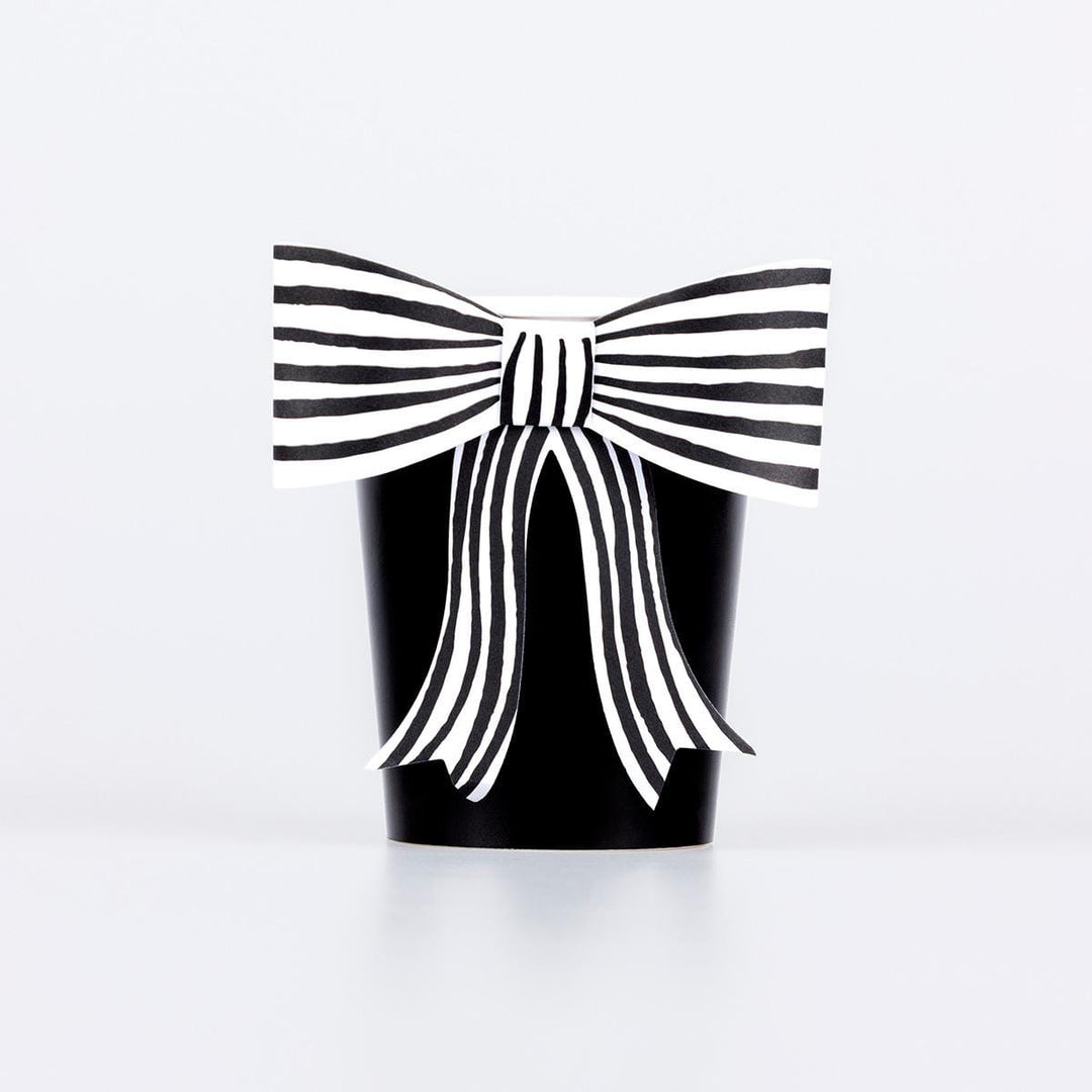Black &amp; White Stripy Bow Party Cups x 8 | Meri Meri Halloween Table party cups Black &amp; White Stripy Bow Party Cups x 8