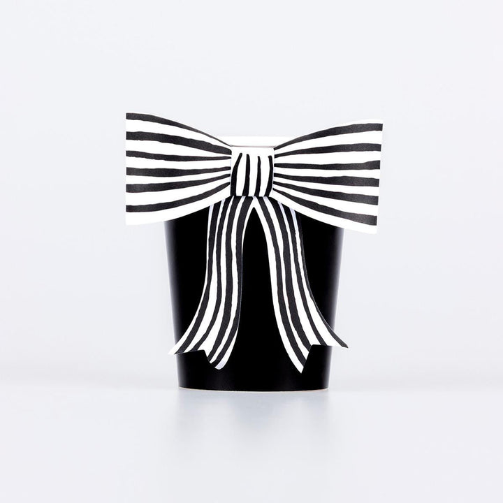 Black &amp; White Stripy Bow Party Cups x 8 | Meri Meri Halloween Table party cups Black &amp; White Stripy Bow Party Cups x 8