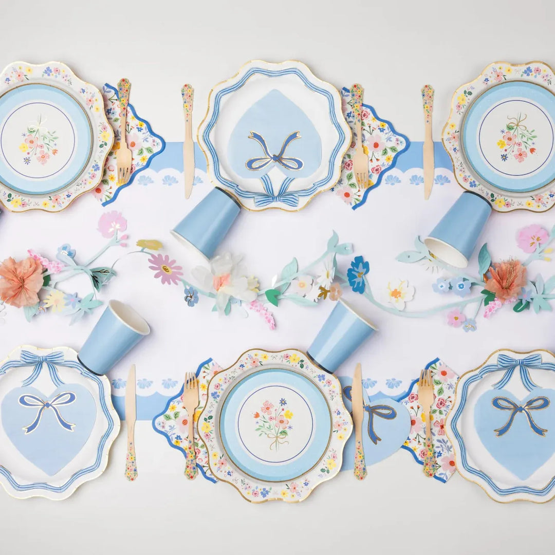Bonjour Fete - Elegant Blue & Gold Bow Party Plates x 8 Disposable Plates Elegant Blue & Gold Bow Party Plates x 8