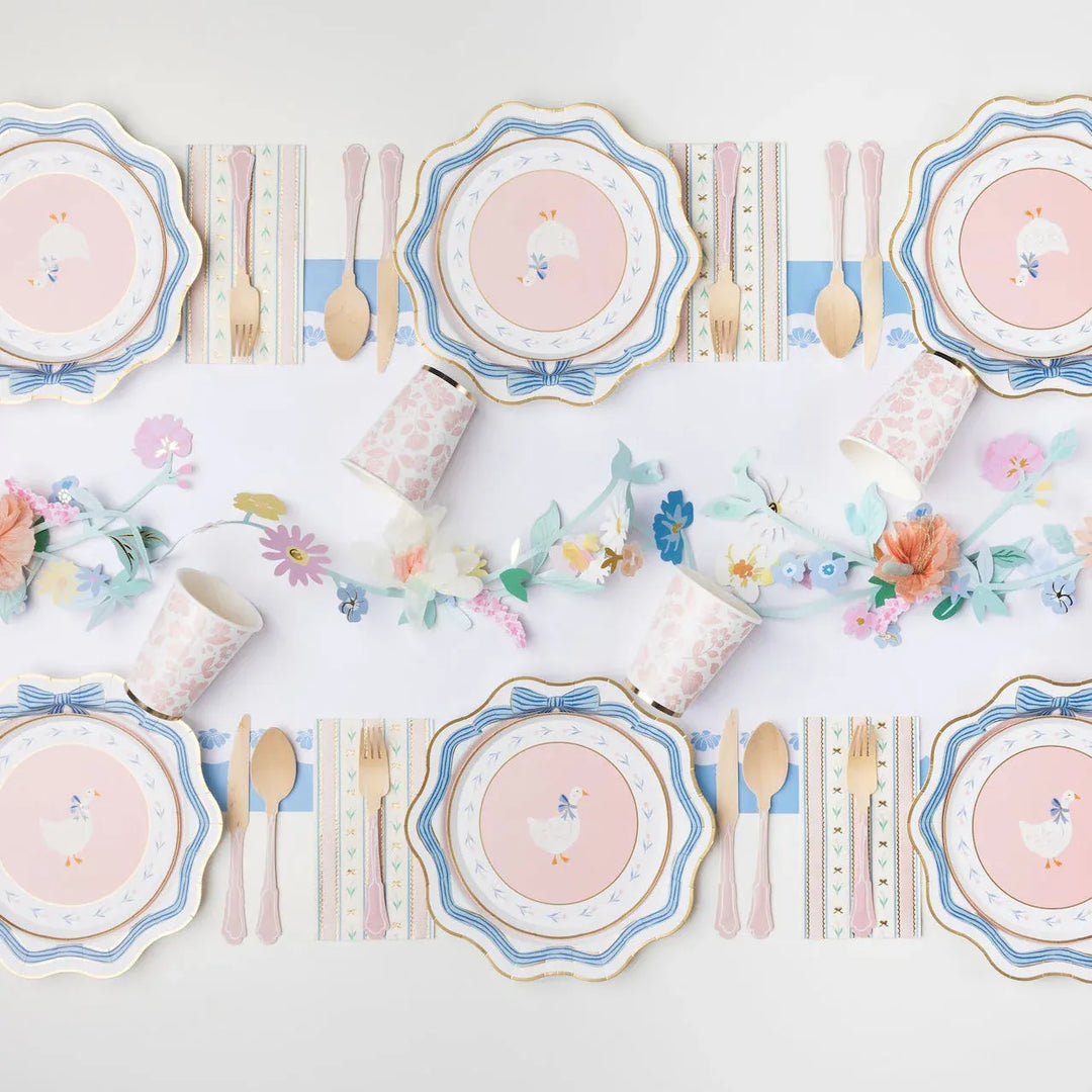 Bonjour Fete - Elegant Blue & Gold Bow Party Plates x 8 Disposable Plates Elegant Blue & Gold Bow Party Plates x 8