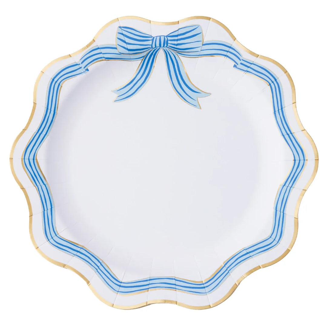 Bonjour Fete - Elegant Blue & Gold Bow Party Plates x 8 Disposable Plates Elegant Blue & Gold Bow Party Plates x 8