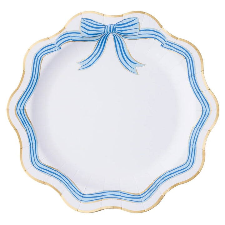 Bonjour Fete - Elegant Blue & Gold Bow Party Plates x 8 Disposable Plates Elegant Blue & Gold Bow Party Plates x 8