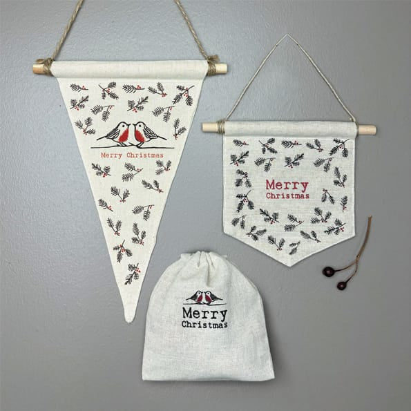 Christmas Robins Triangle Pennant Decoration | East of India Christmas Decoration East of India Fabric Triangle Pennant Christmas Decoration - Christmas Robins