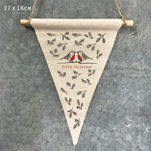 Christmas Robins Triangle Pennant Decoration | East of India Christmas Decoration East of India Fabric Triangle Pennant Christmas Decoration - Christmas Robins