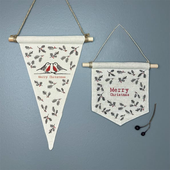 Christmas Robins Triangle Pennant Decoration | East of India Christmas Decoration East of India Fabric Triangle Pennant Christmas Decoration - Christmas Robins
