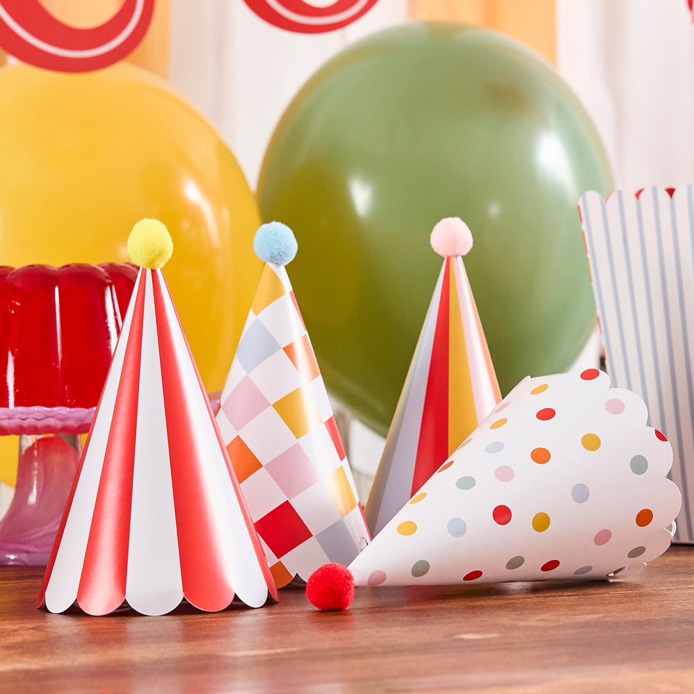 Circus Party Hats With Pom Poms x 8 - Circus Theme Decorations Party Hats Circus Party Hats With Pom Poms x 8