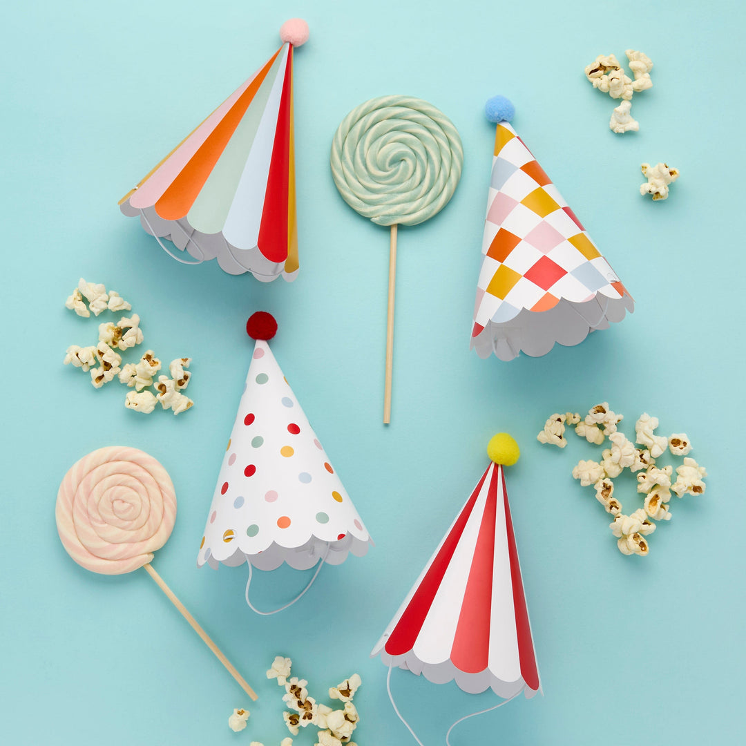 Circus Party Hats With Pom Poms x 8 - Circus Theme Decorations Party Hats Circus Party Hats With Pom Poms x 8