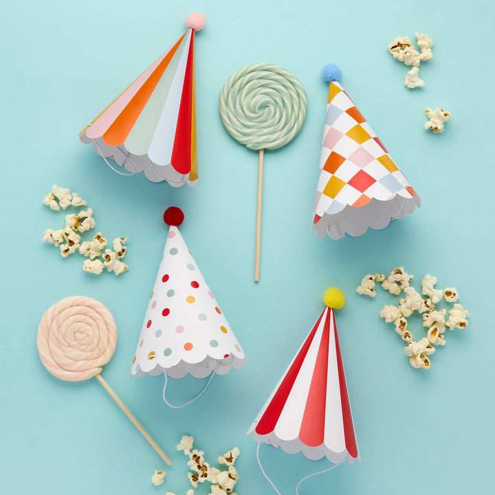 Circus Party Hats With Pom Poms x 8 - Circus Theme Decorations Party Hats Circus Party Hats With Pom Poms x 8