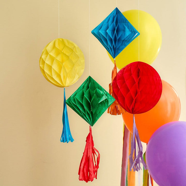 Colourful Honeycomb Decorations with Tassels - Party Supplies Hanging Decoration Colourful Honeycombs with Tassels - Pack of 4