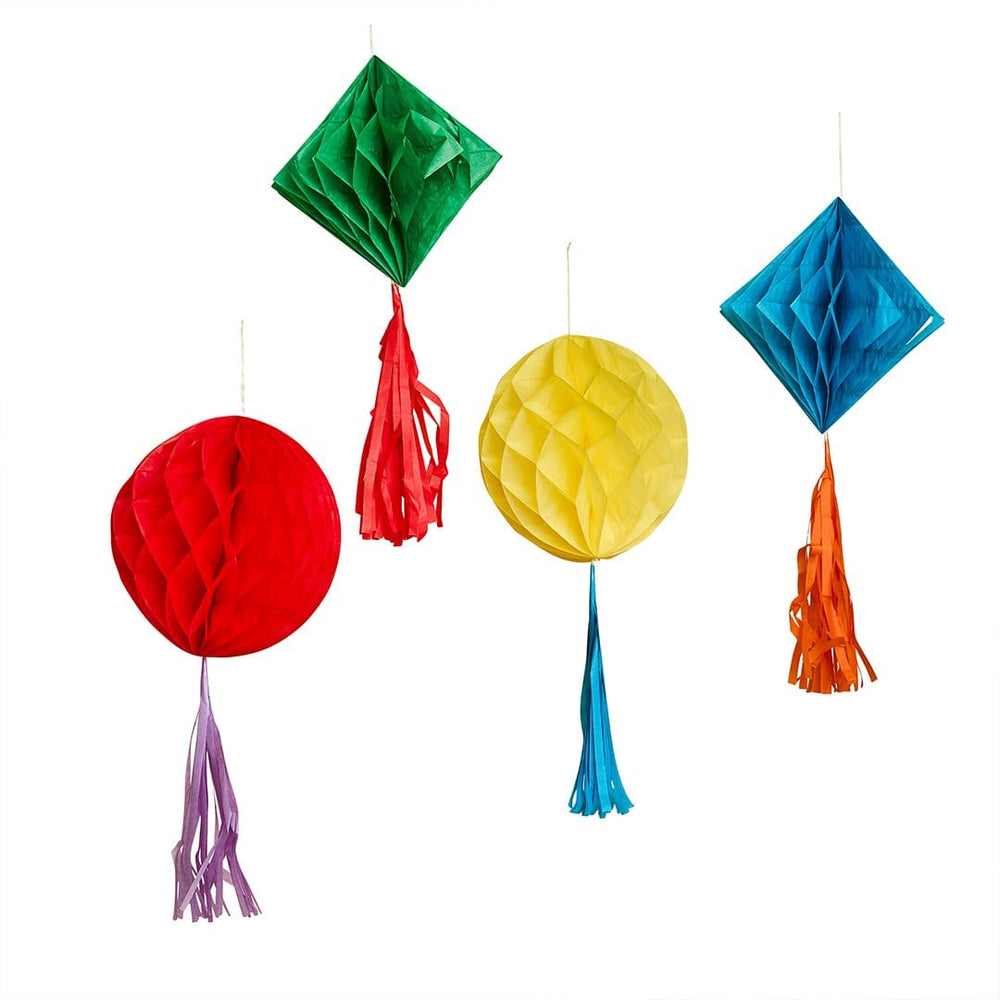 Colourful Honeycomb Decorations with Tassels - Party Supplies Hanging Decoration Colourful Honeycombs with Tassels - Pack of 4