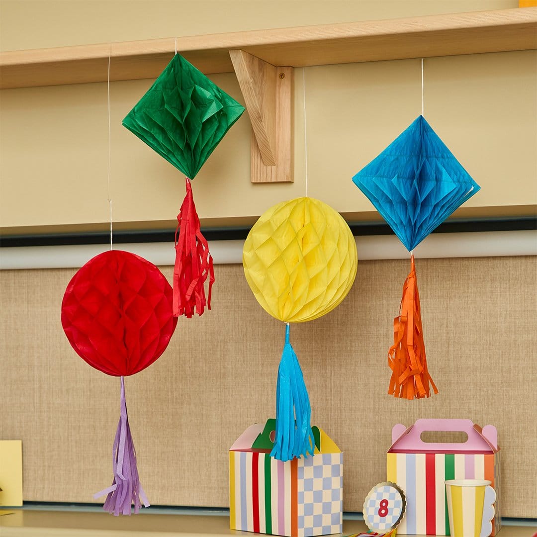 Colourful Honeycomb Decorations with Tassels - Party Supplies Hanging Decoration Colourful Honeycombs with Tassels - Pack of 4