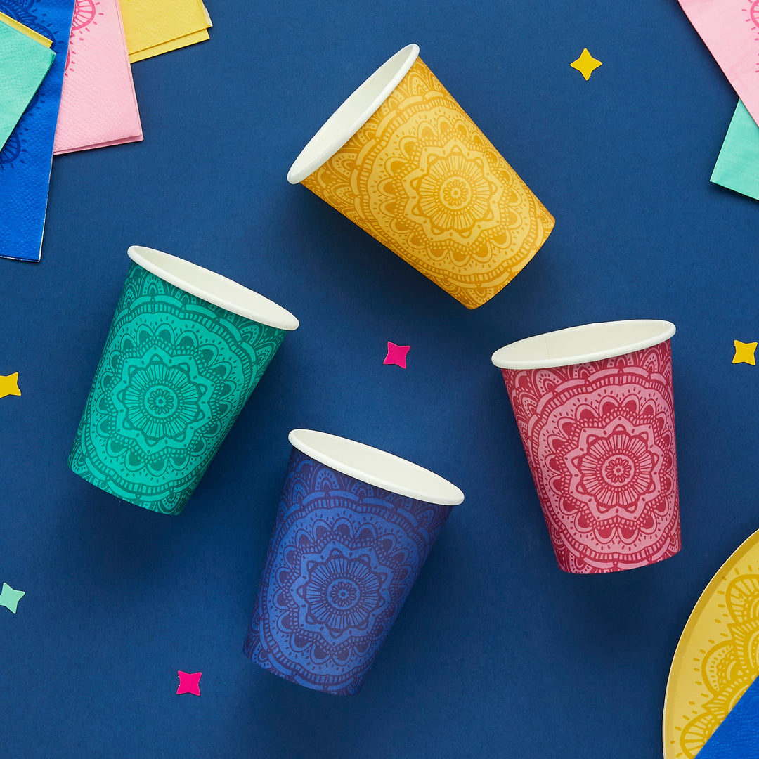 Colourful Mandala Paper Cups x 8 | Diwali Party Supplies UK Disposable Cups Colourful Mandala Paper Cups x 8