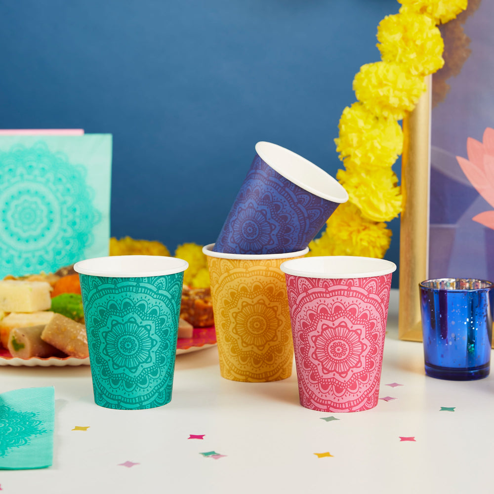 Colourful Mandala Paper Cups x 8 | Diwali Party Supplies UK Disposable Cups Colourful Mandala Paper Cups x 8