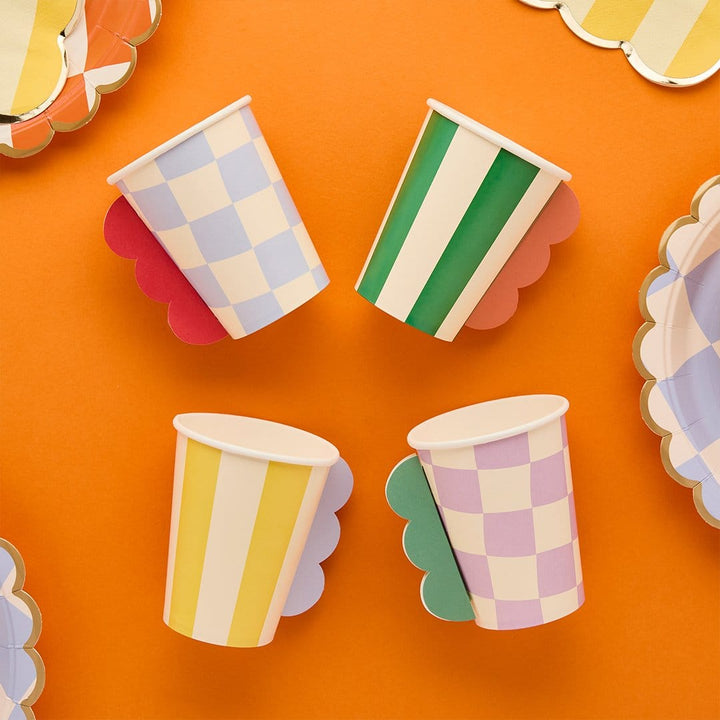 Colourful Party Cups Striped &amp; Gingham - Party Tableware Disposable Cups Colourful Party Paper Cups x 8