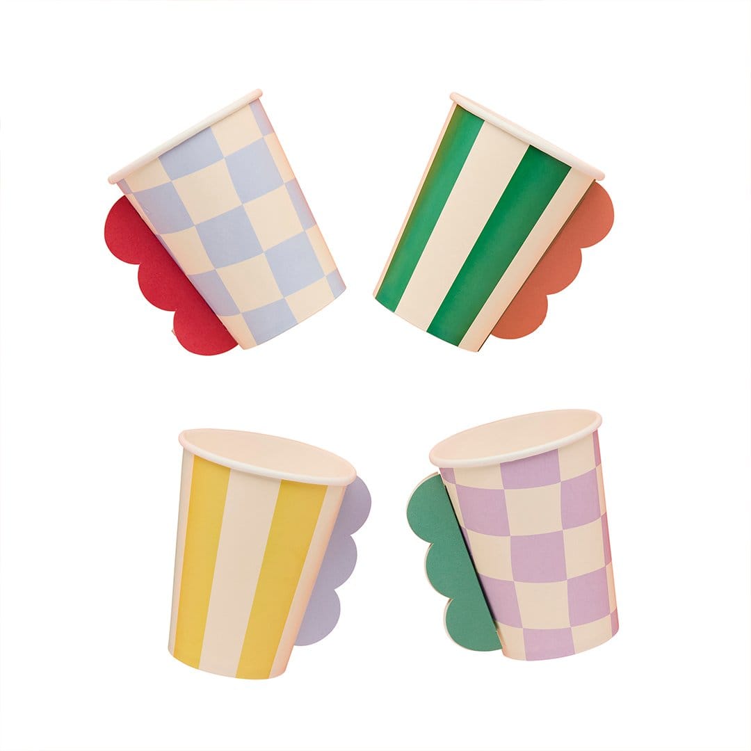 Colourful Party Cups Striped &amp; Gingham - Party Tableware Disposable Cups Colourful Party Paper Cups x 8