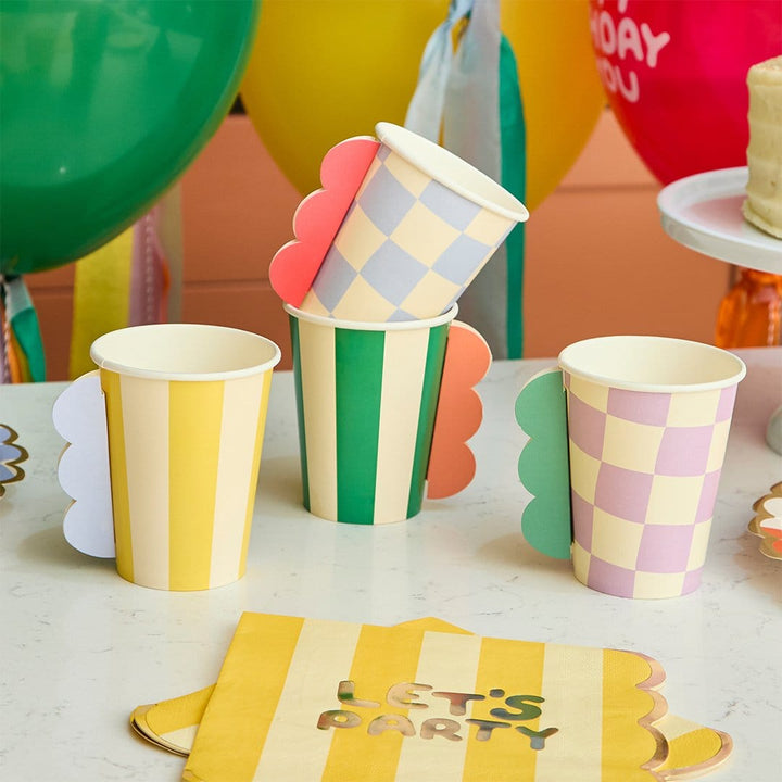 Colourful Party Cups Striped &amp; Gingham - Party Tableware Disposable Cups Colourful Party Paper Cups x 8