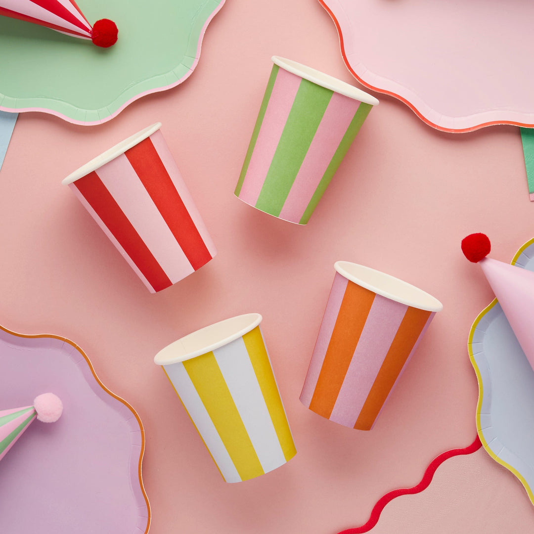 Colourful Striped Party Cups x 8 Disposable Cups Colourful Striped Party Cups x 8