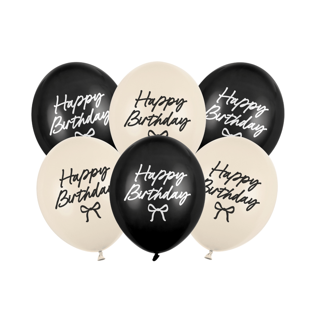 Cream & Black Bows Happy Birthday Balloons x 6 Balloons Cream & Black Bows Happy Birthday Balloons x 6