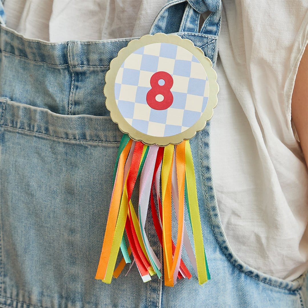 Customisable Birthday Badge with Rainbow Ribbons - Party Badges badge Colourful Customisable Birthday Badge